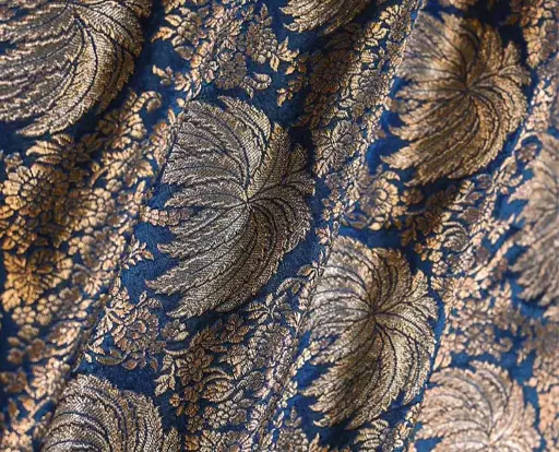 藍色班加拉絲綢面料，帶有花卉圖案的賈爾棕櫚葉
樹形圖案